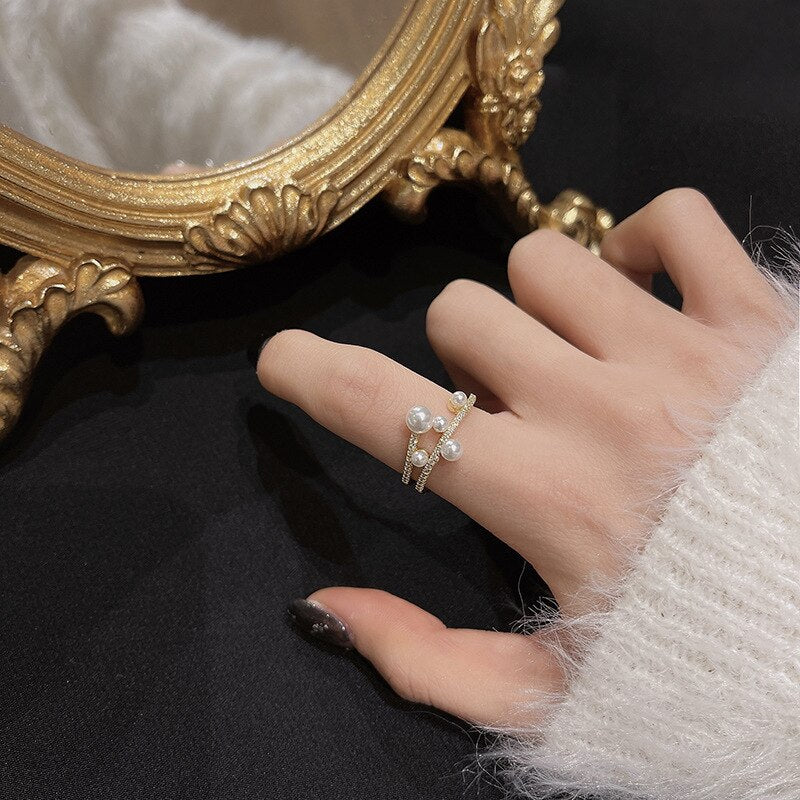 Luxurious And Exquisite Double-deck Pearl Adjustable Ring For Woman Gothic Jewelry Korean Fashion Girls Unusual Accessories