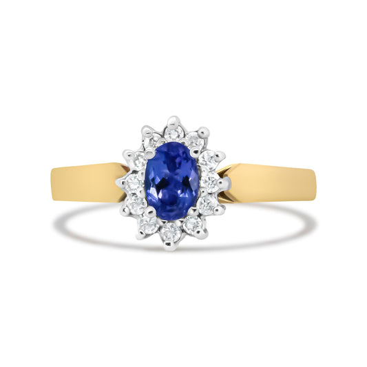 14K Yellow Gold 1/5 Cttw Round Diamond and 6x4mm Oval Blue Tanzanite