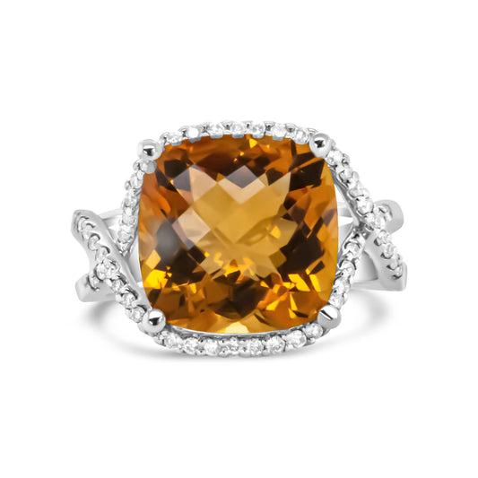 14K White Gold 12mm Cushion Cut Yellow Citrine Gemstone and 1/3 Cttw