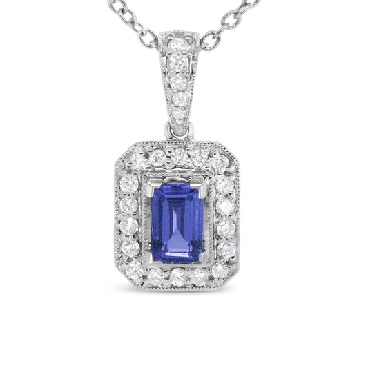 18K White Gold 1/4 Cttw Round Diamond and 6x4mm Purple Tanzanite Halo