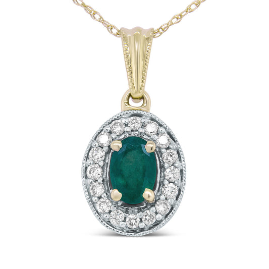 14K Yellow Gold 6x4mm Emerald and 1/5 Cttw Round Diamond Halo Pendant