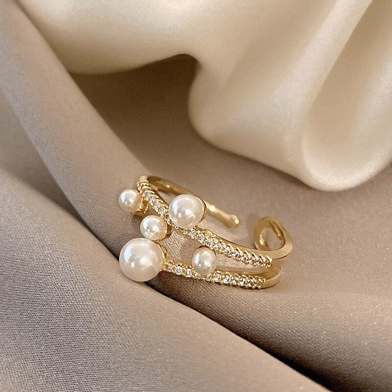 Luxurious And Exquisite Double-deck Pearl Adjustable Ring For Woman Gothic Jewelry Korean Fashion Girls Unusual Accessories