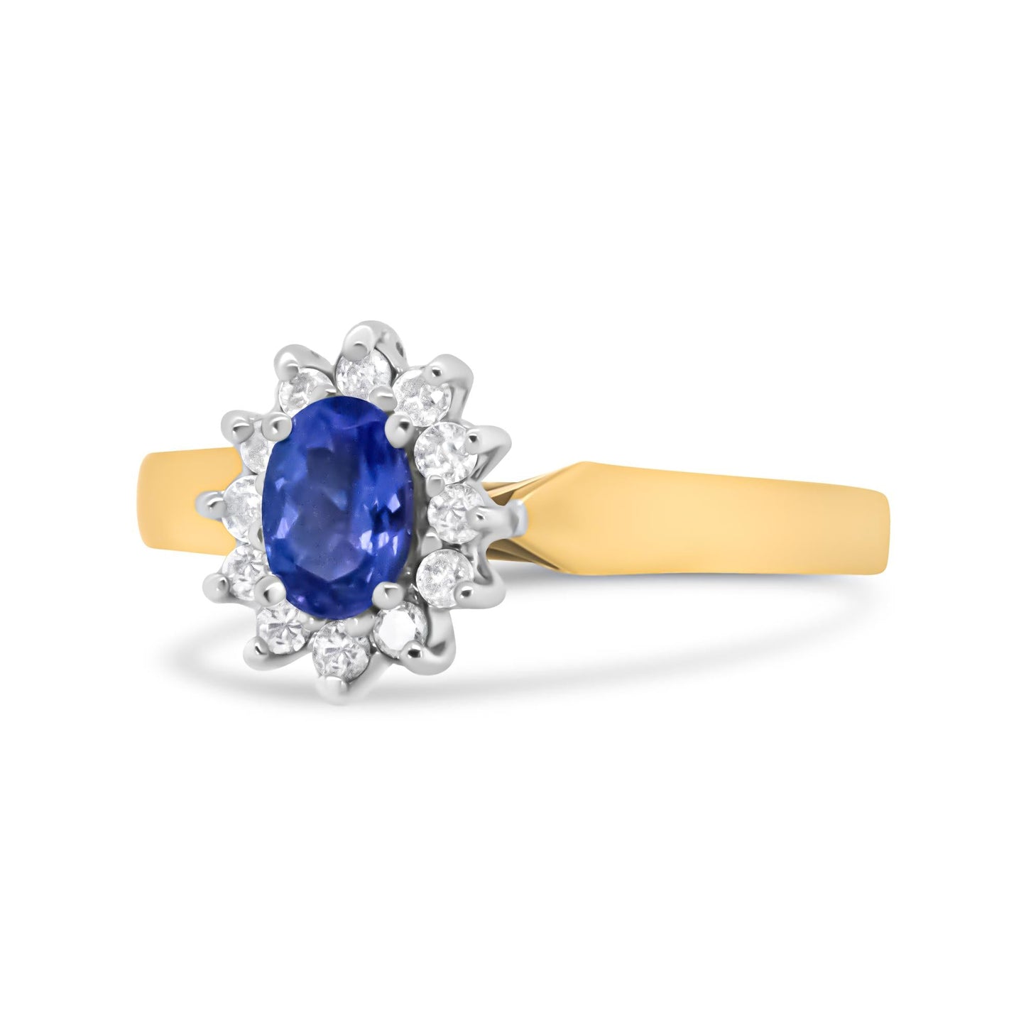 14K Yellow Gold 1/5 Cttw Round Diamond and 6x4mm Oval Blue Tanzanite