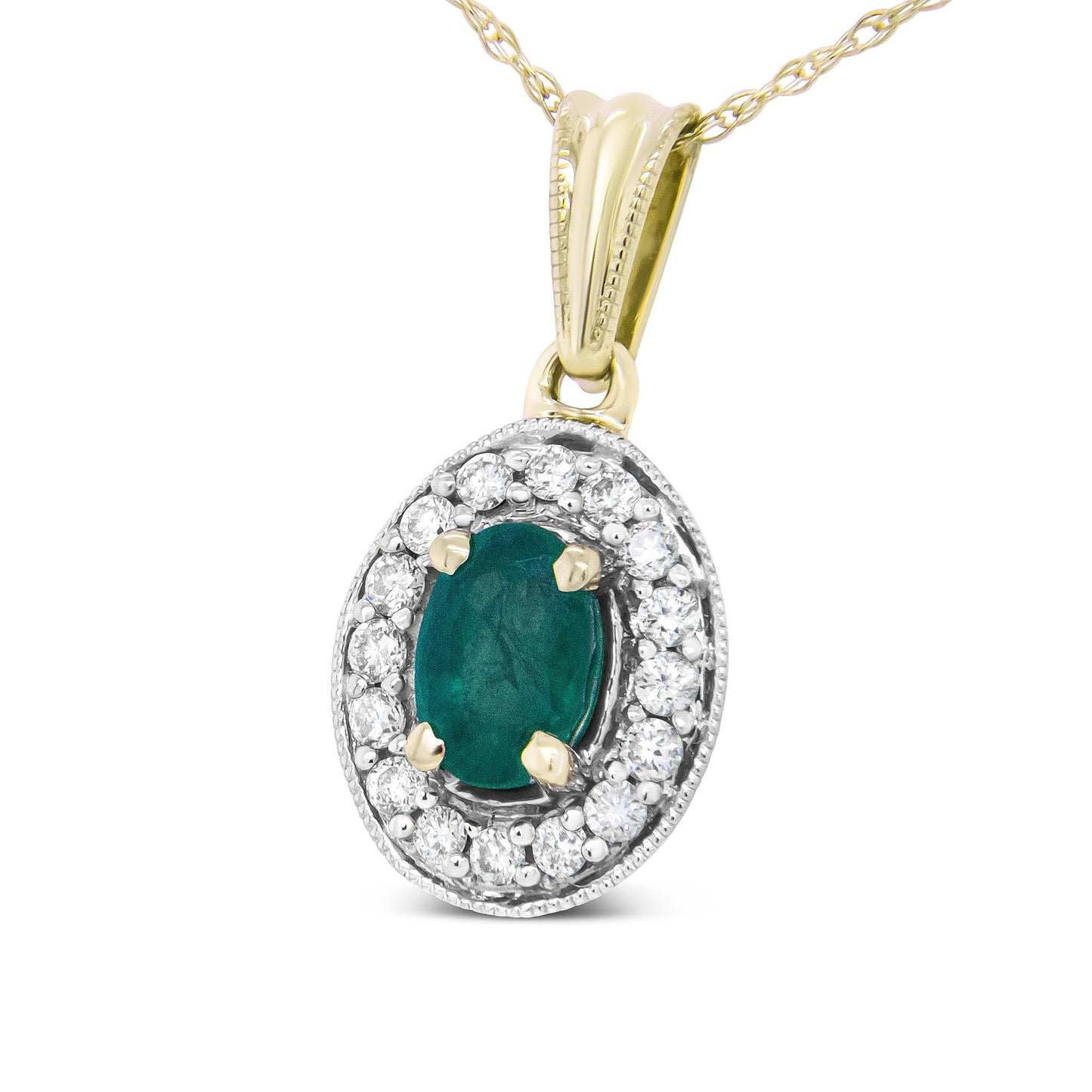 14K Yellow Gold 6x4mm Emerald and 1/5 Cttw Round Diamond Halo Pendant