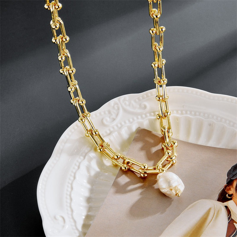 European and American Jewelry Baroque Pearl Necklace Gold Short Fat Chain Sweater Chain Womens Design Sense Versatile