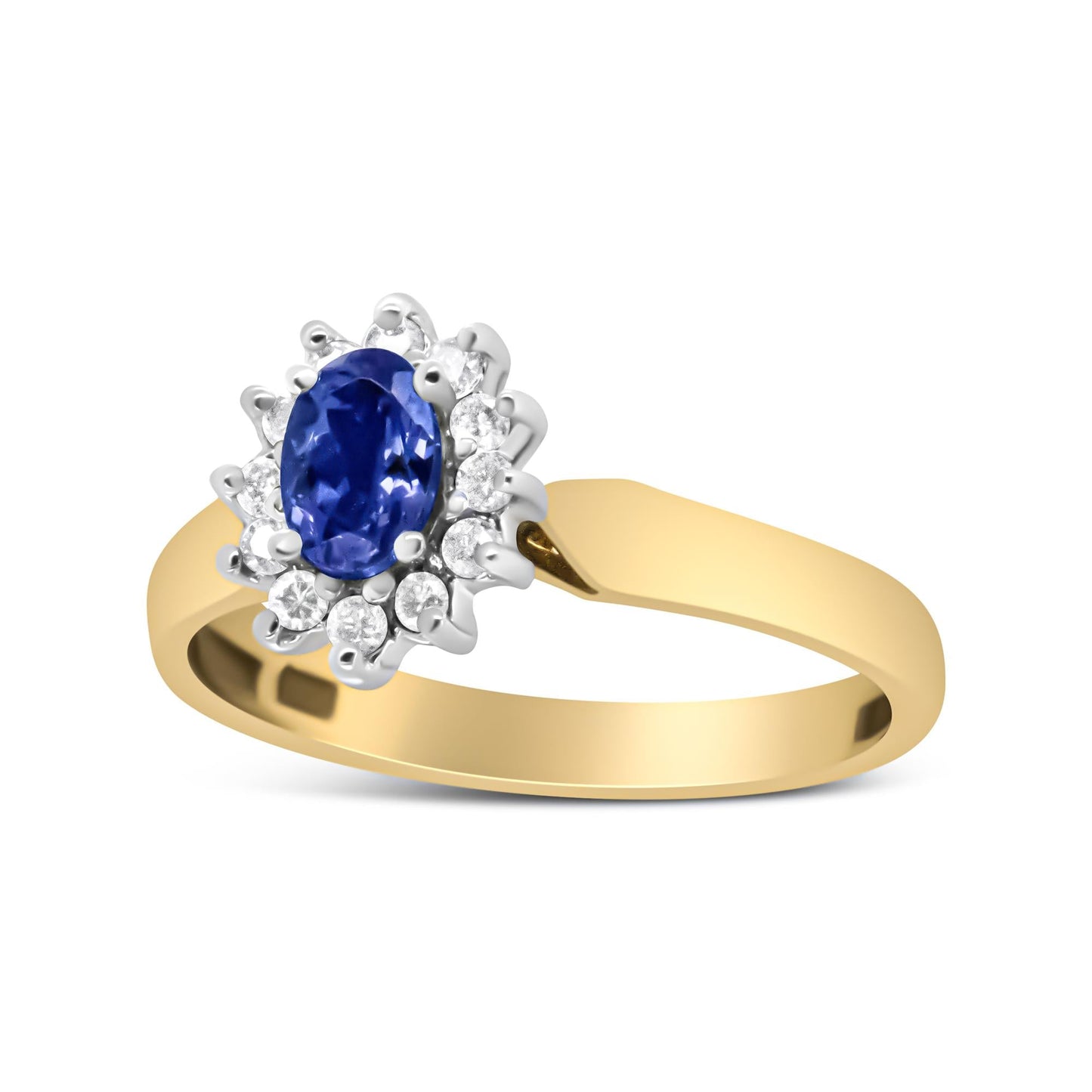 14K Yellow Gold 1/5 Cttw Round Diamond and 6x4mm Oval Blue Tanzanite