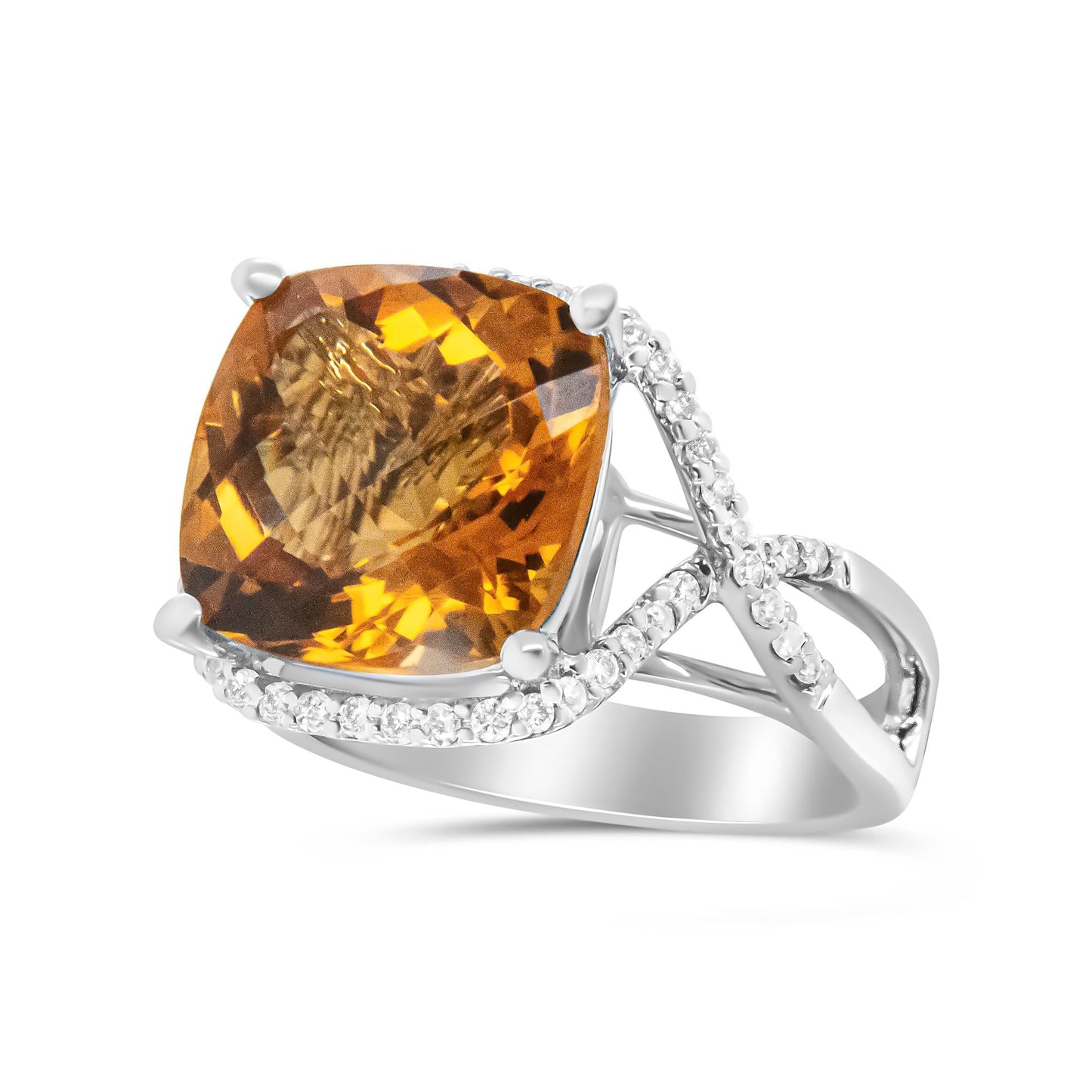 14K White Gold 12mm Cushion Cut Yellow Citrine Gemstone and 1/3 Cttw