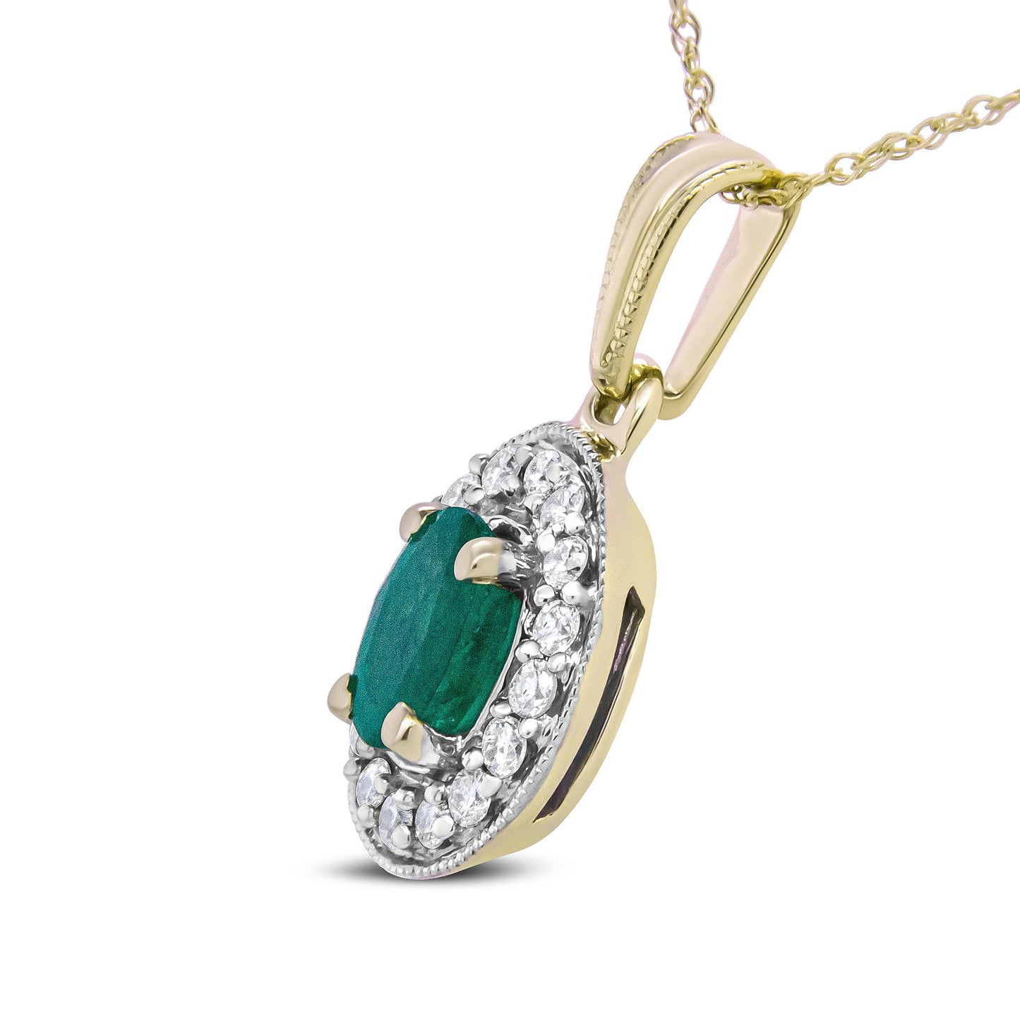 14K Yellow Gold 6x4mm Emerald and 1/5 Cttw Round Diamond Halo Pendant