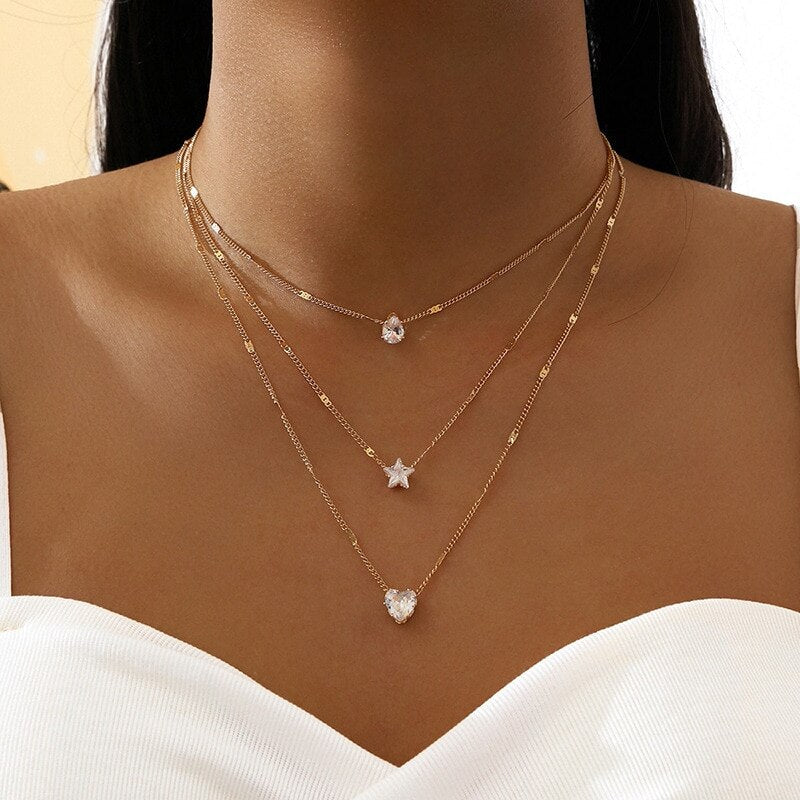 Crystal Zircon Heart Star Charm Layered Pendant Necklace Set For Women