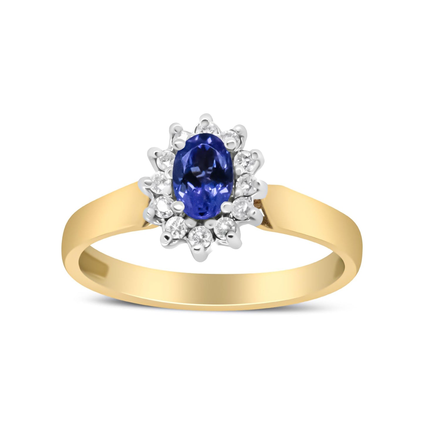 14K Yellow Gold 1/5 Cttw Round Diamond and 6x4mm Oval Blue Tanzanite