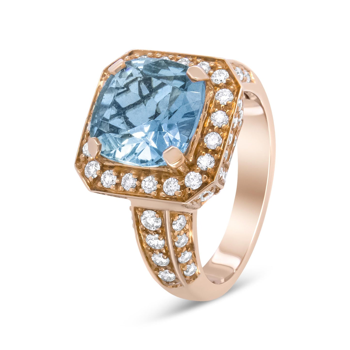 18K Rose Gold 10x10mm Cushion Shaped Aquamarine and 1 1/8 Cttw Round