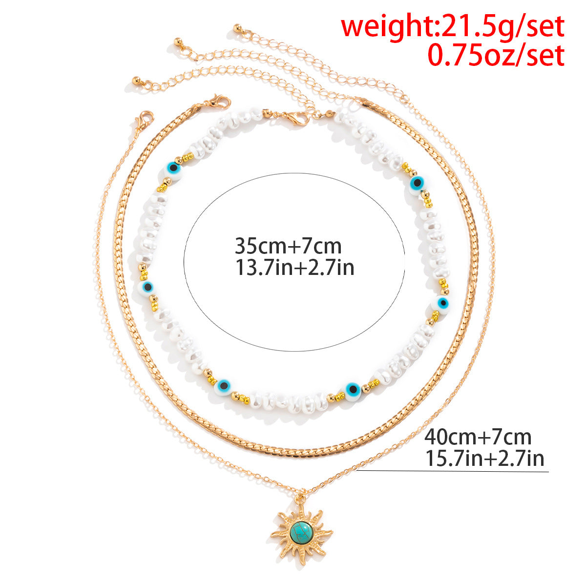 Retro Contrast Color Personality Eye Pearl Necklace Ethnic Sun Turquoise Pendant Necklace