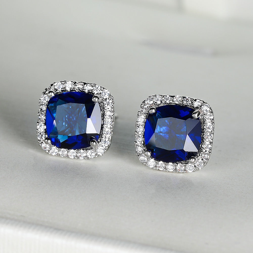 Aqua Blue Square Zircon Inlaid Diamond Full Diamond Earrings and Earrings Female