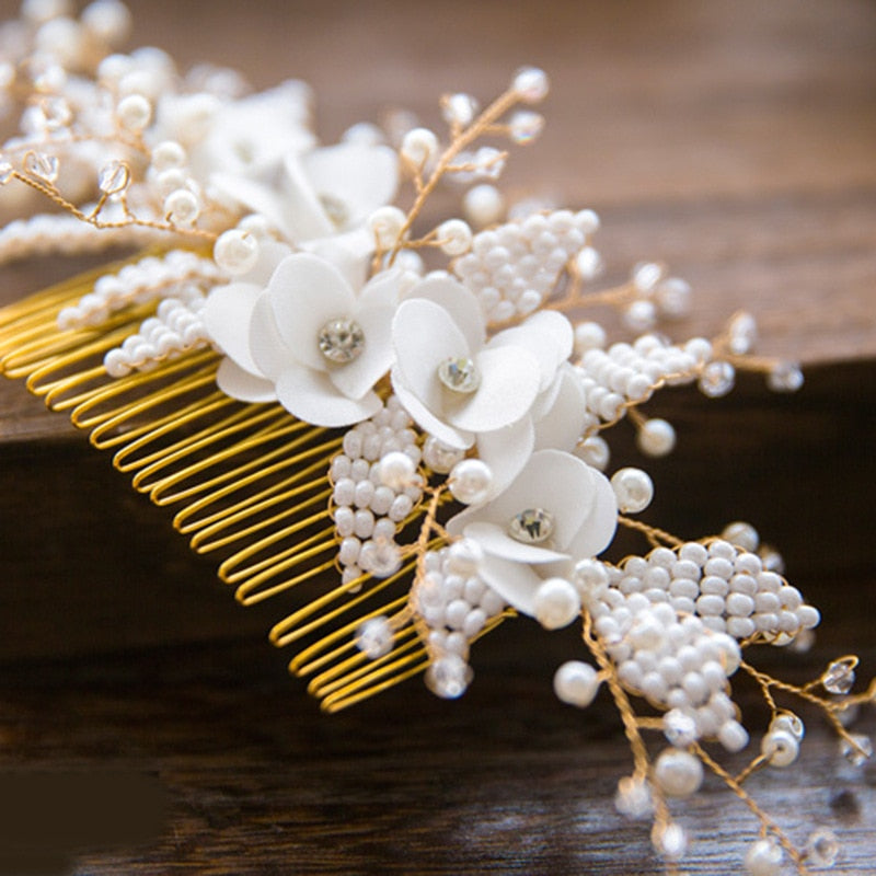 Queenco Gold Bridal Hair Comb Pearl Beads Wedding Hair Accessories Women Headpiece Girl's Hair Vine Party Hair Jewelry