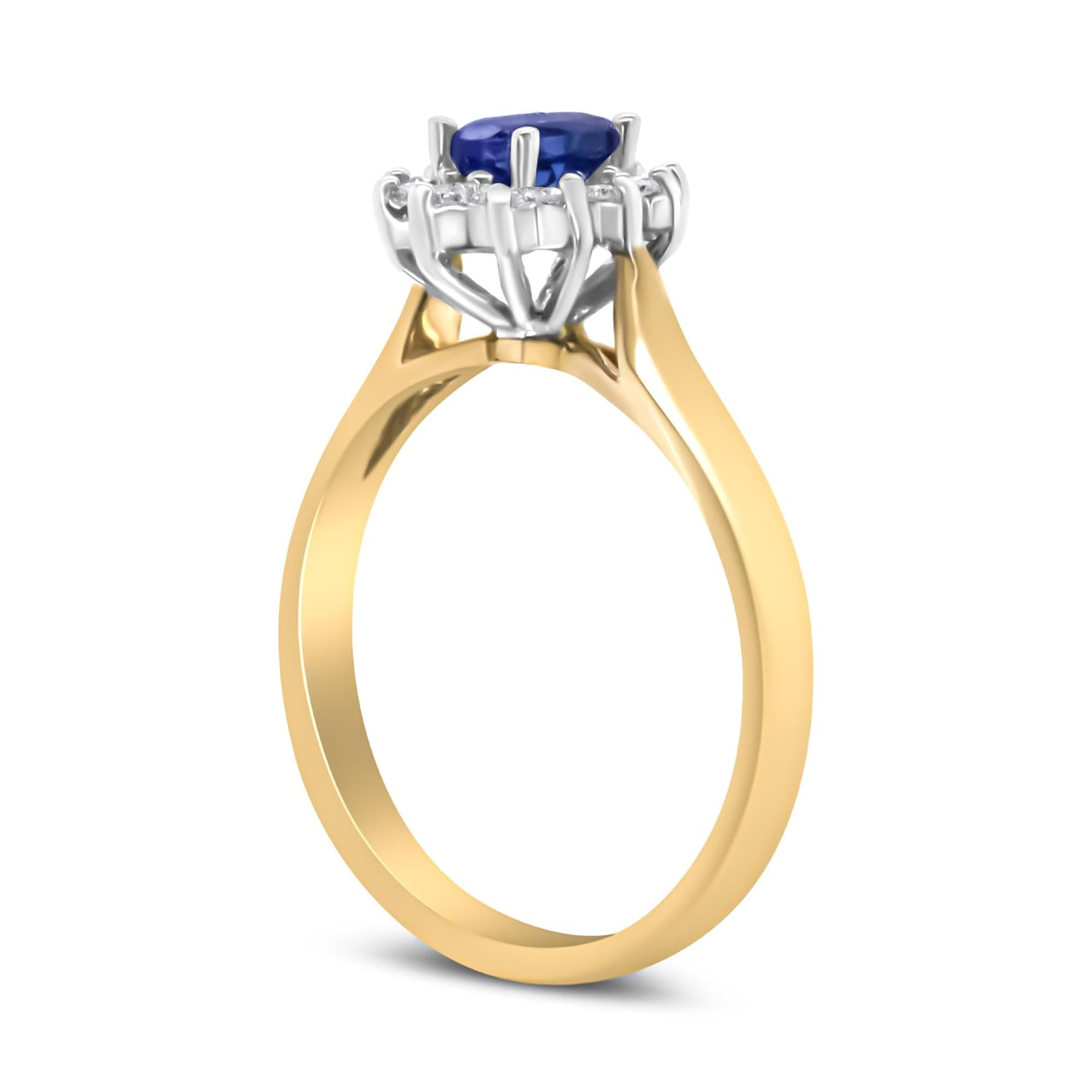 14K Yellow Gold 1/5 Cttw Round Diamond and 6x4mm Oval Blue Tanzanite