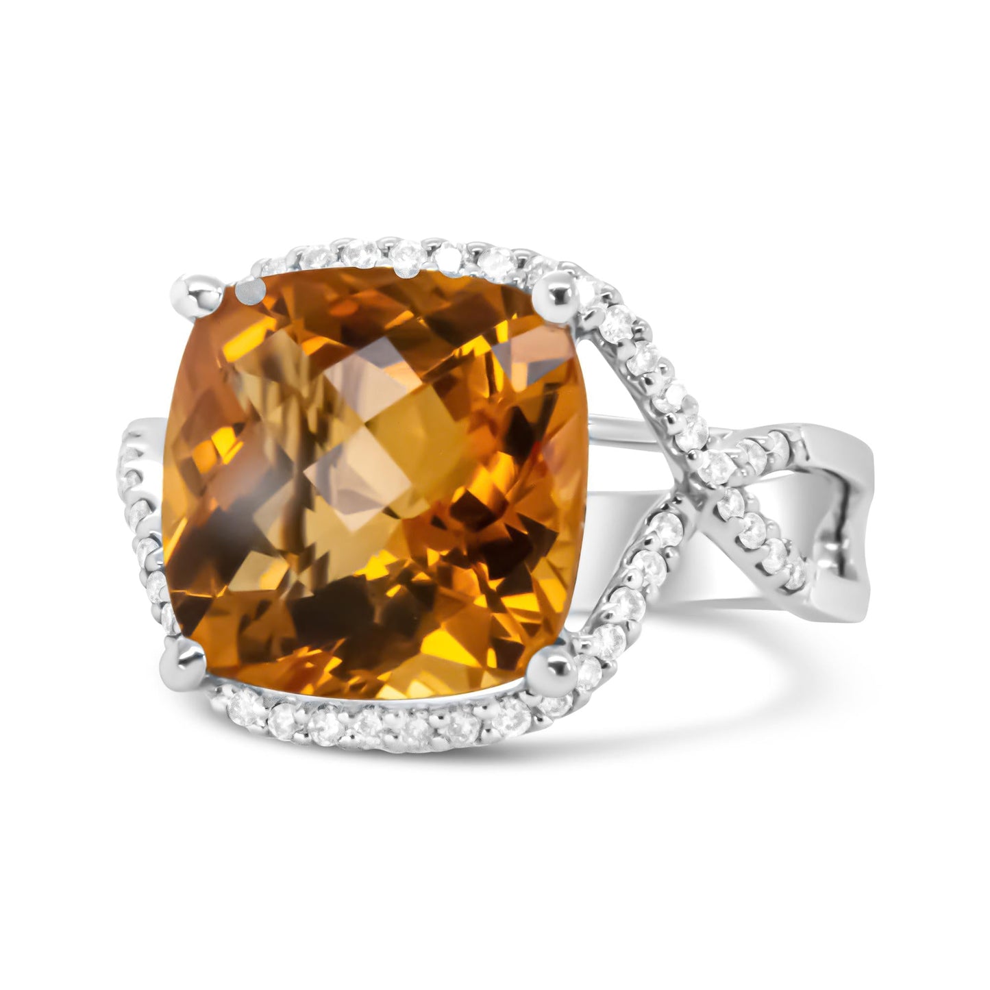 14K White Gold 12mm Cushion Cut Yellow Citrine Gemstone and 1/3 Cttw