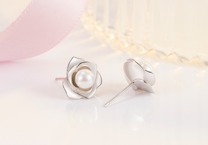 S925 sterling silver camellia pearl earrings for women light luxury earrings flower niche temperament white earrings