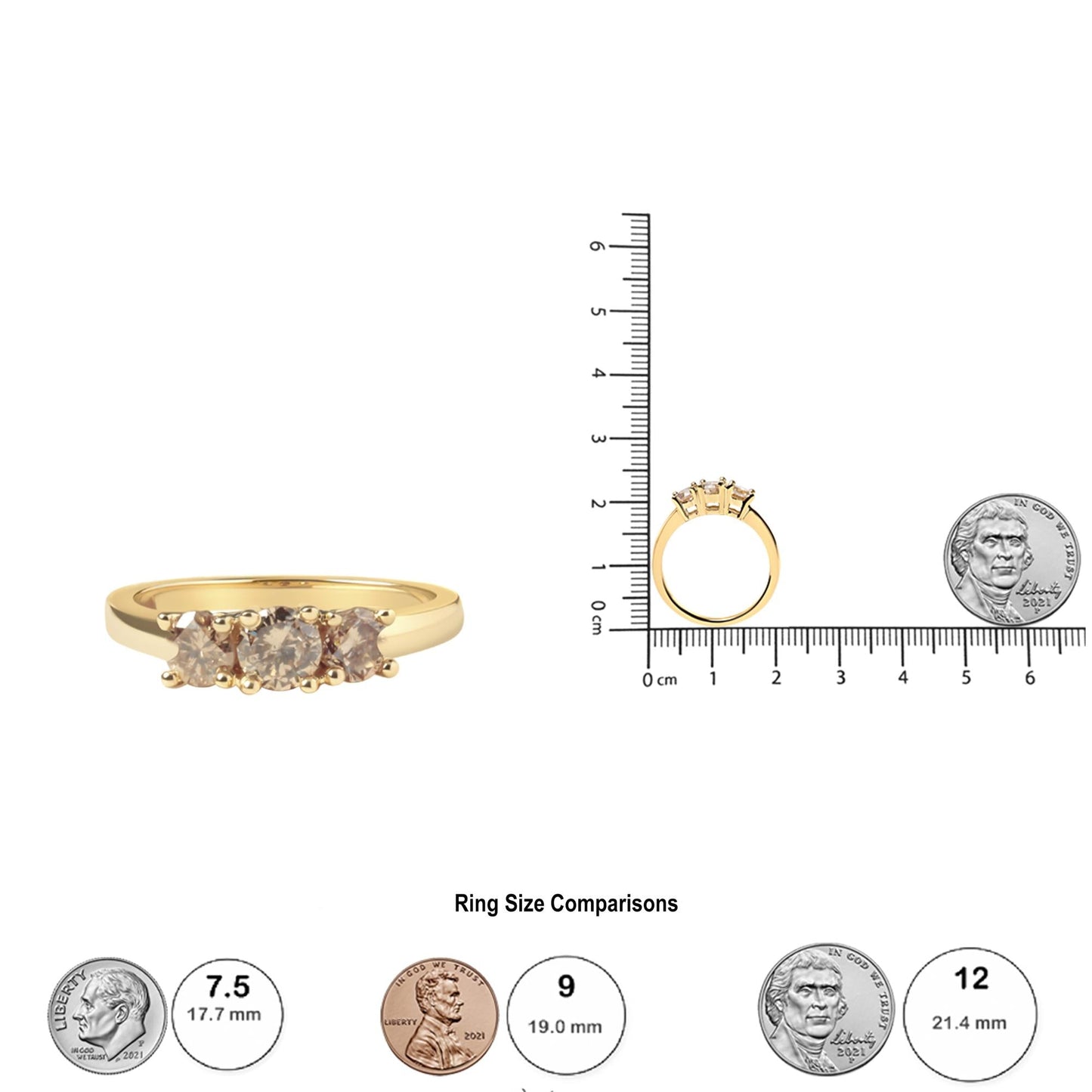 10K Yellow Gold 1.00 Cttw Champagne Diamond 3-Stone Band Ring (J-K