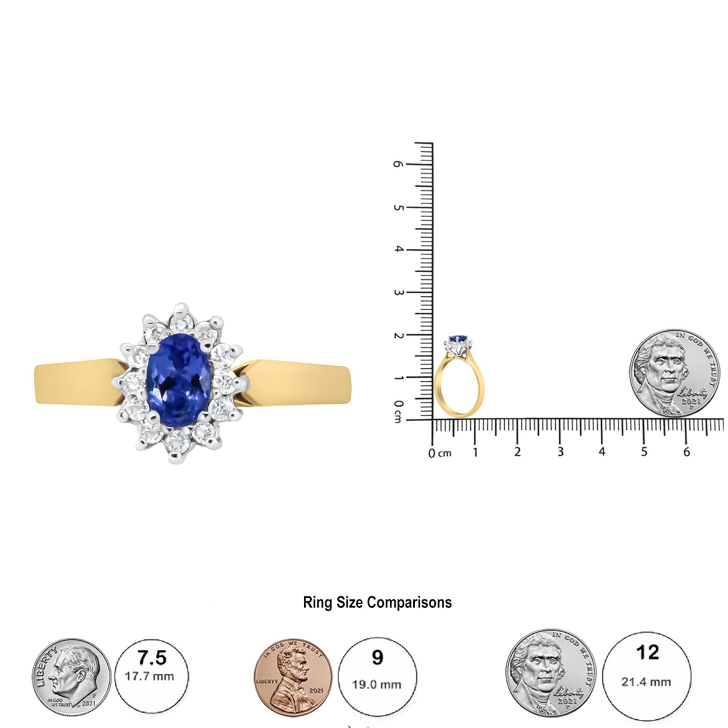 14K Yellow Gold 1/5 Cttw Round Diamond and 6x4mm Oval Blue Tanzanite