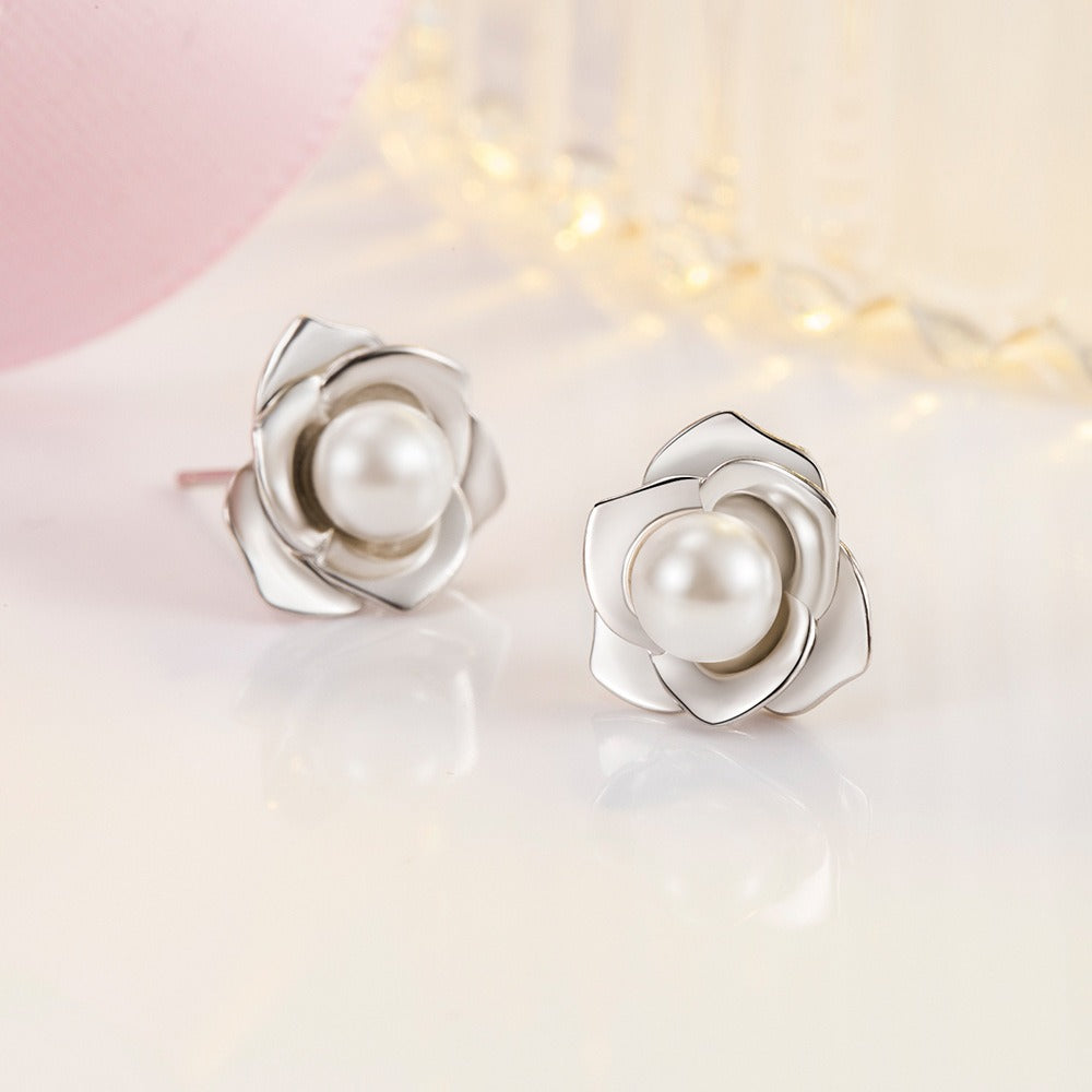 S925 sterling silver camellia pearl earrings for women light luxury earrings flower niche temperament white earrings