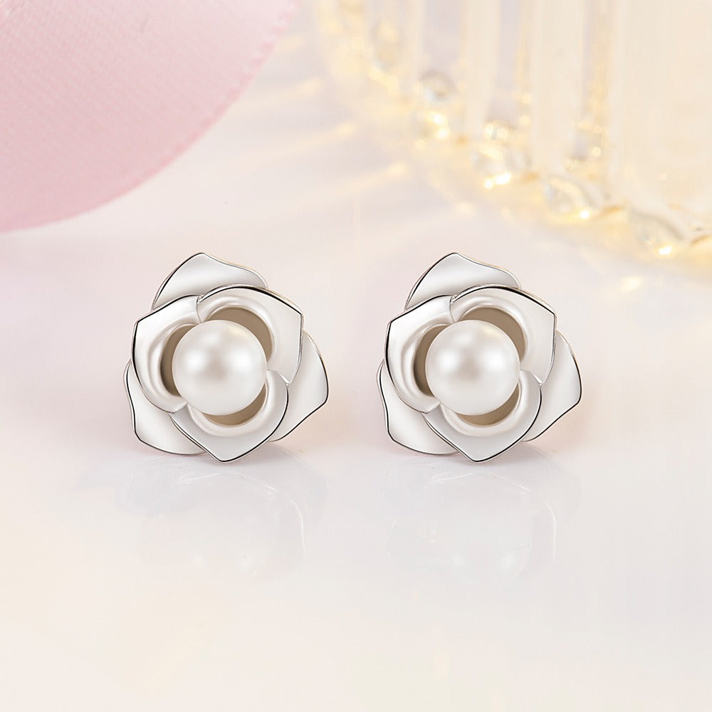 S925 sterling silver camellia pearl earrings for women light luxury earrings flower niche temperament white earrings