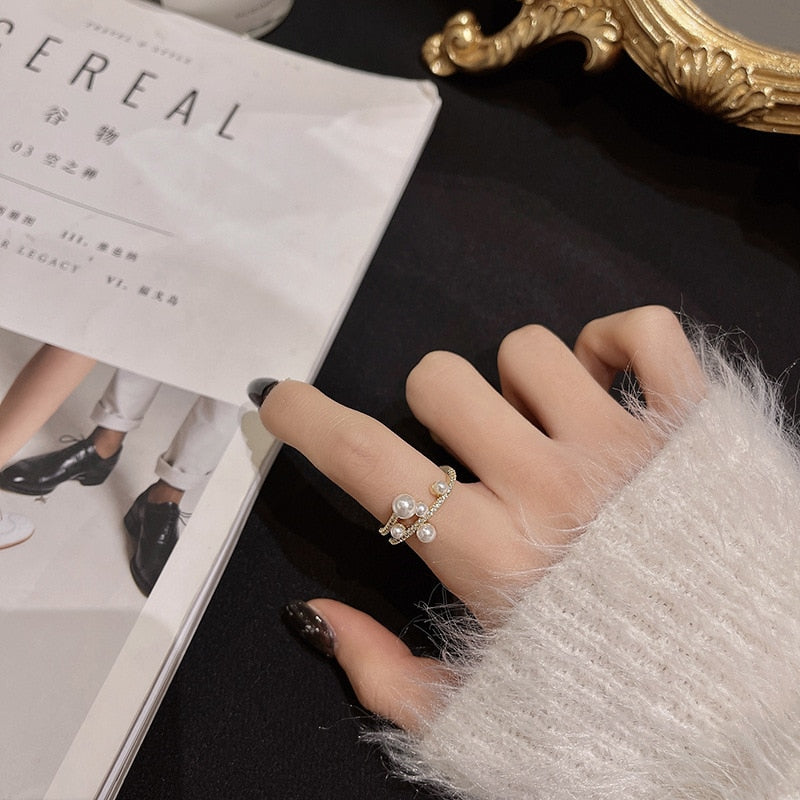 Luxurious And Exquisite Double-deck Pearl Adjustable Ring For Woman Gothic Jewelry Korean Fashion Girls Unusual Accessories