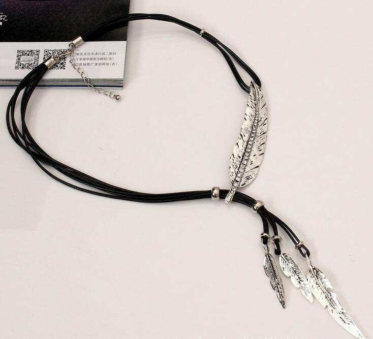 Feather Leaf Black Leather Rope Multi layered Tassel Necklace