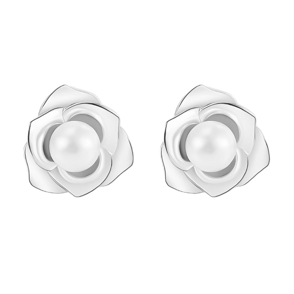 S925 sterling silver camellia pearl earrings for women light luxury earrings flower niche temperament white earrings