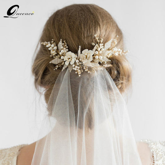 Queenco Gold Bridal Hair Comb Pearl Beads Wedding Hair Accessories Women Headpiece Girl's Hair Vine Party Hair Jewelry