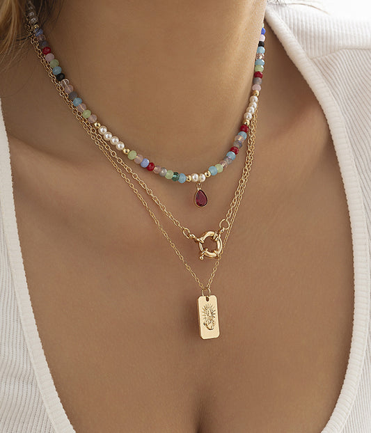 Retro Color Water Drop Pendant Clavicle Chain Niche Crystal Chain Design Necklace