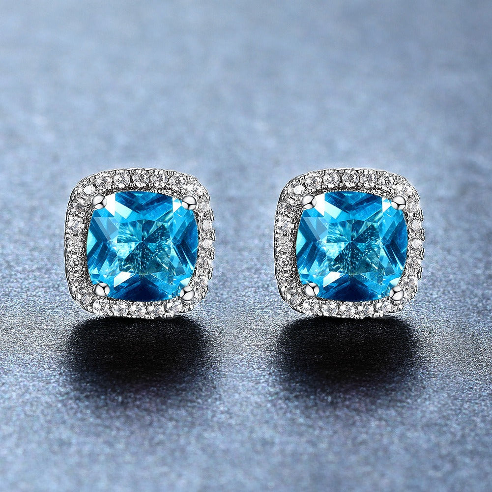 Aqua Blue Square Zircon Inlaid Diamond Full Diamond Earrings and Earrings Female