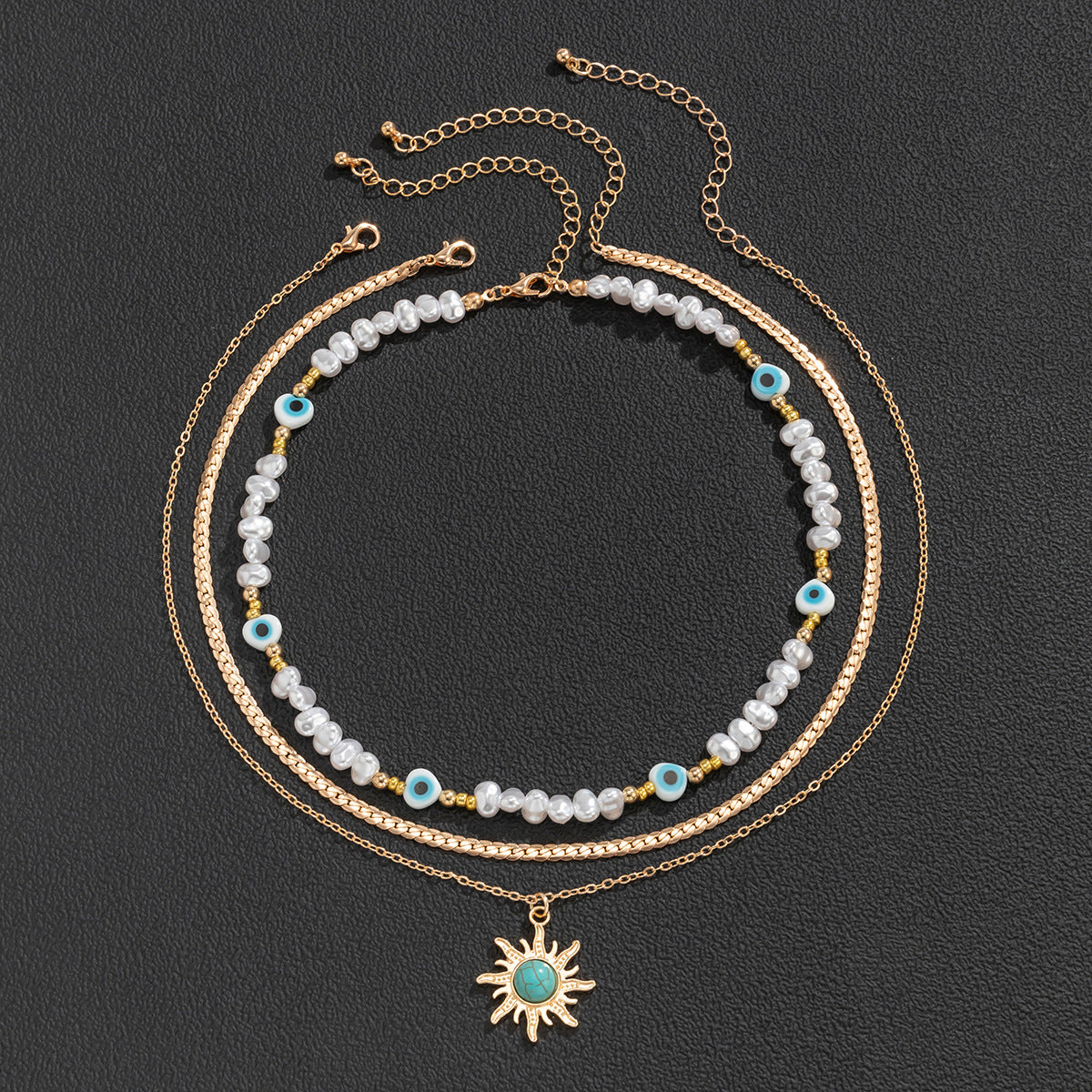 Retro Contrast Color Personality Eye Pearl Necklace Ethnic Sun Turquoise Pendant Necklace