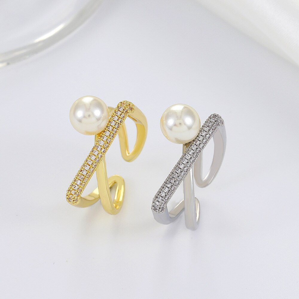 French Elegant Baroque Pearl Ring Ins 18k Gold Plated Bling CZ Cross Twist Rings for Women