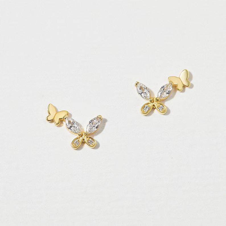 Double Butterfly Earrings, CZ Crystal Earrings, Minimalist Earrings