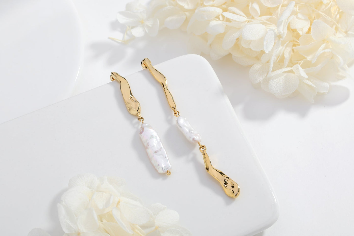 Gold Asymmetrical Molten Baroque Pearl Earrings