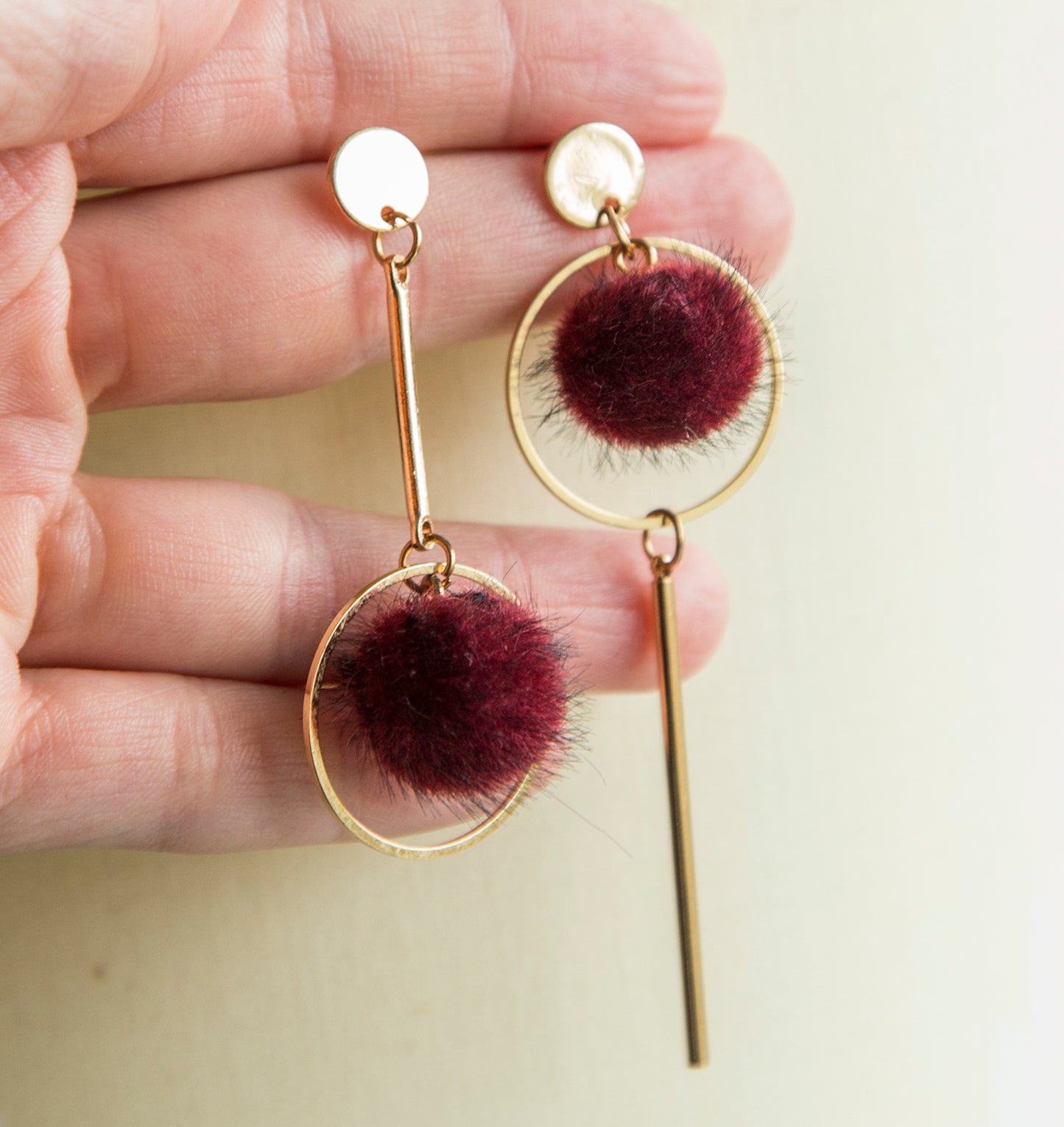 Red pompom boho earrings long statement earrings for her, wine red