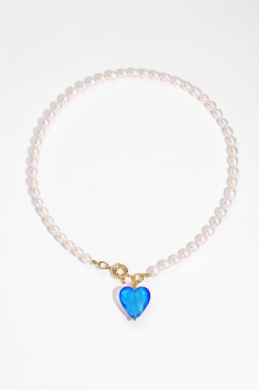 Esmée Sky Blue Glaze Heart Pendant Pearl Necklace