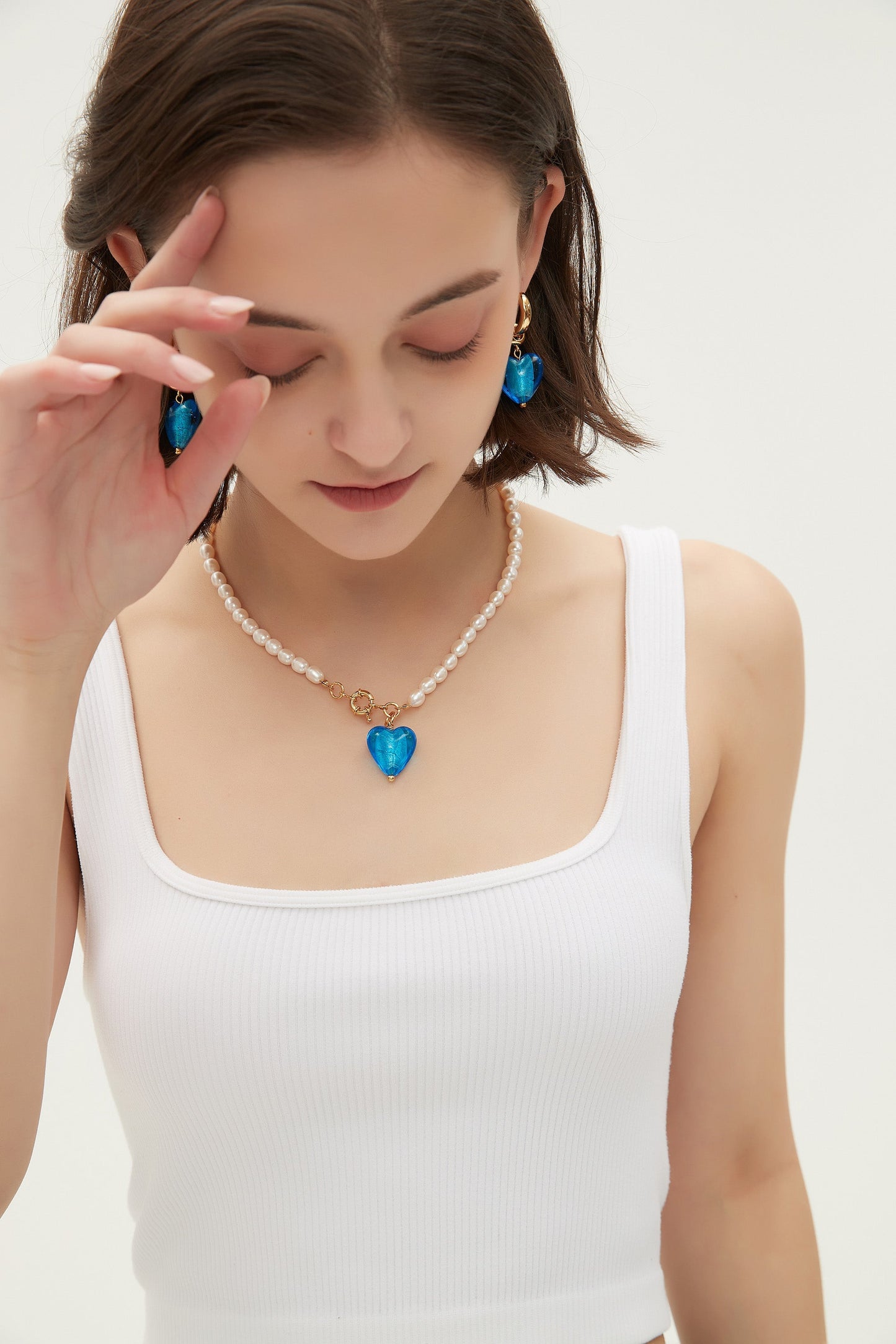 Esmée Sky Blue Glaze Heart Pendant Pearl Necklace