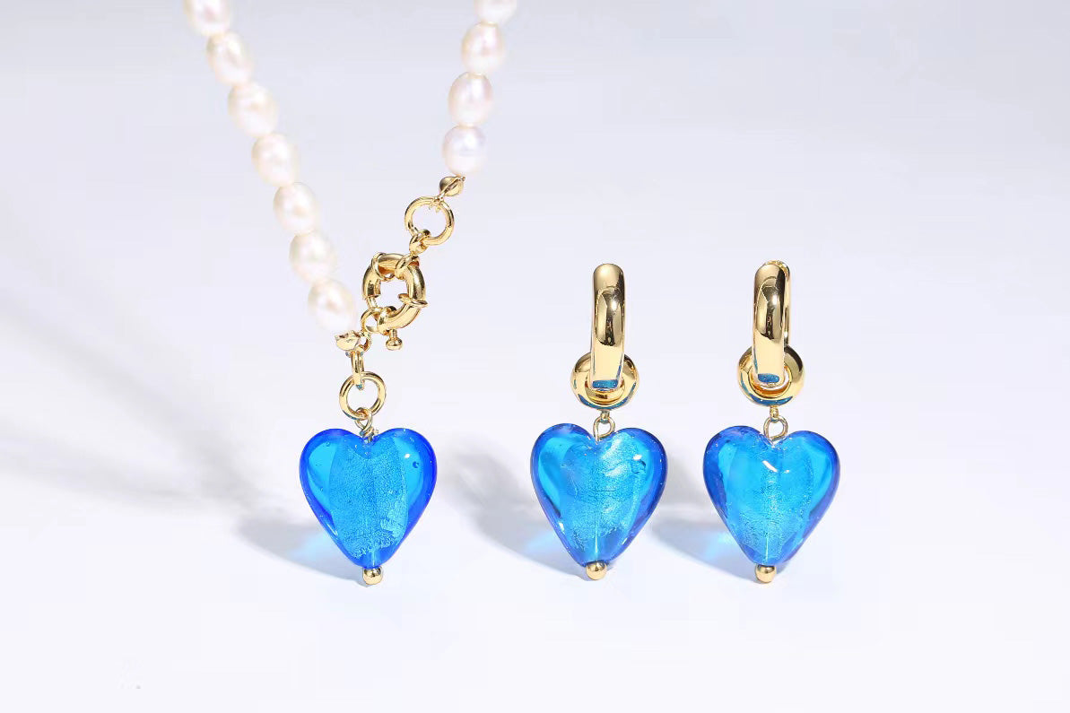 Esmée Sky Blue Glaze Heart Pendant Pearl Necklace